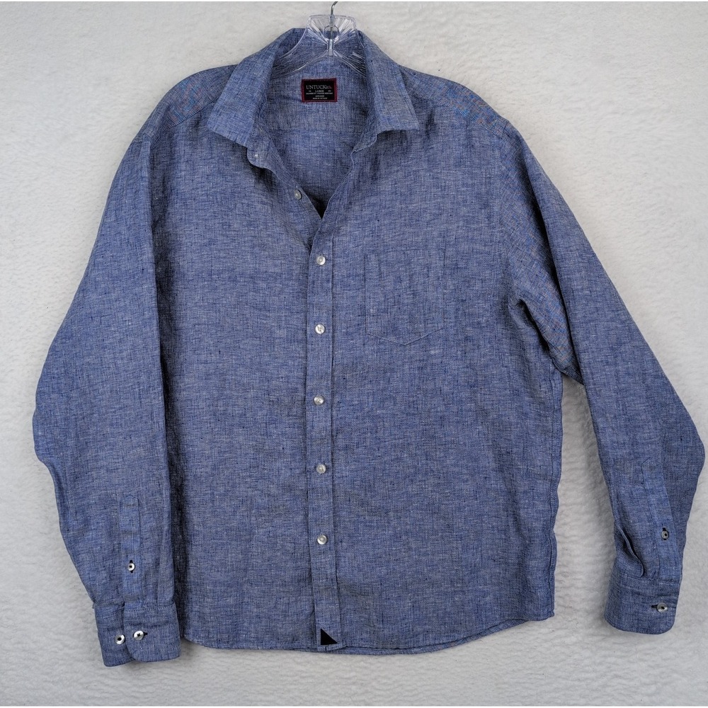 UNTUCKit Vin Santo 100% Linen Button Up Shirt Mens L Relaxed Fit Blue